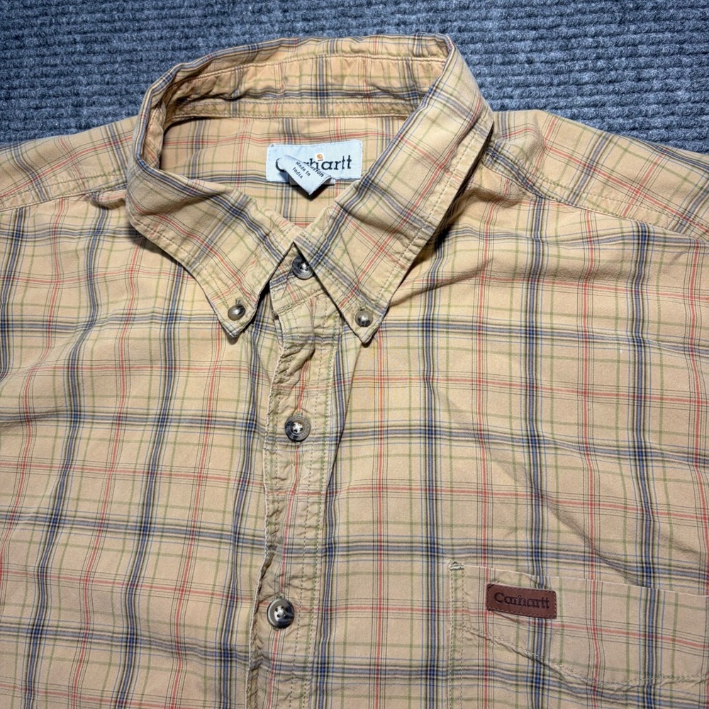Carhartt Mens 2XL Tall Tan Plaid Long Sleeve Button Down Cotton Work Shirt